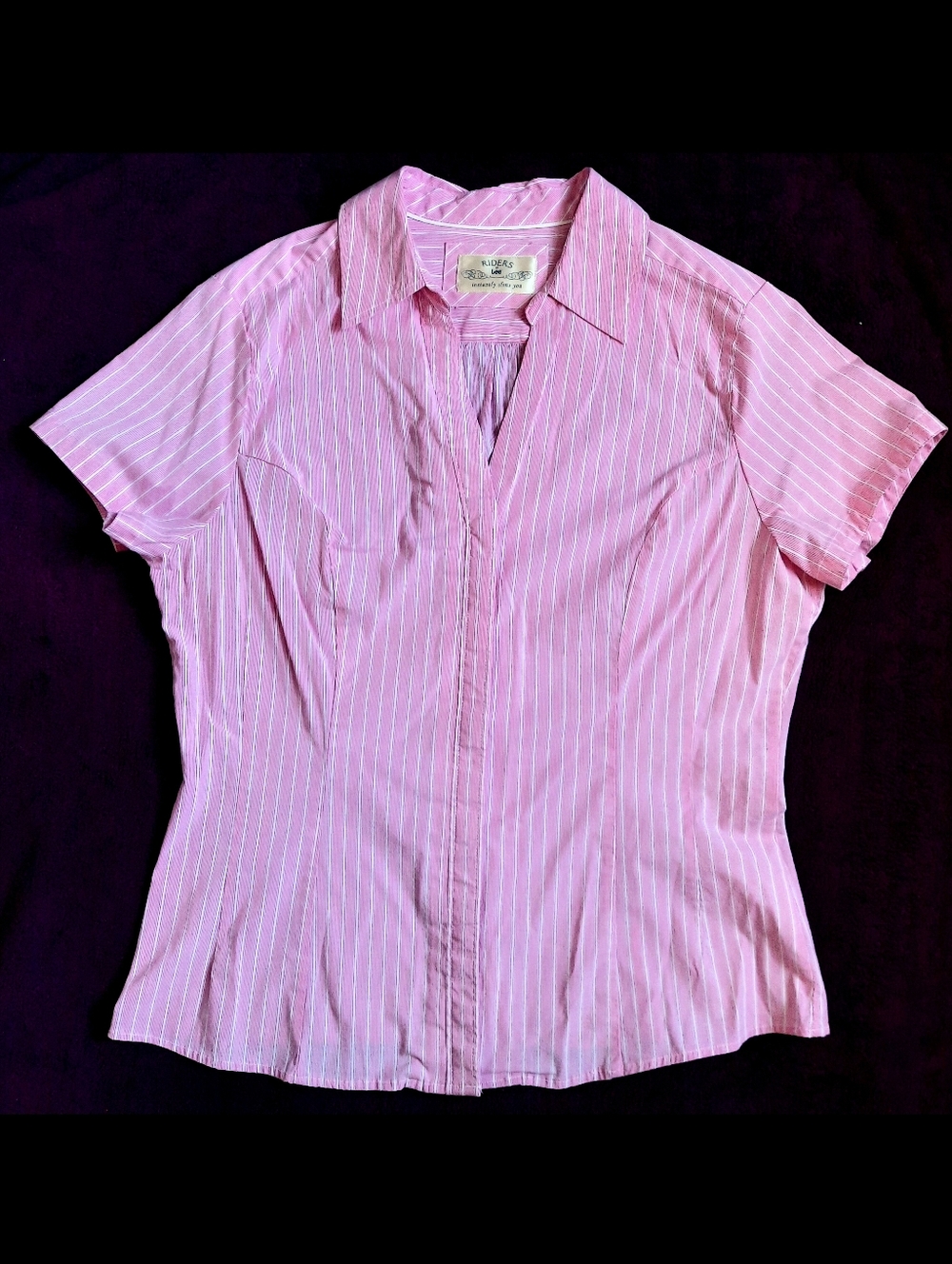 Riders By Lee L Pink And White Striped Short Sleeve Button Down Top